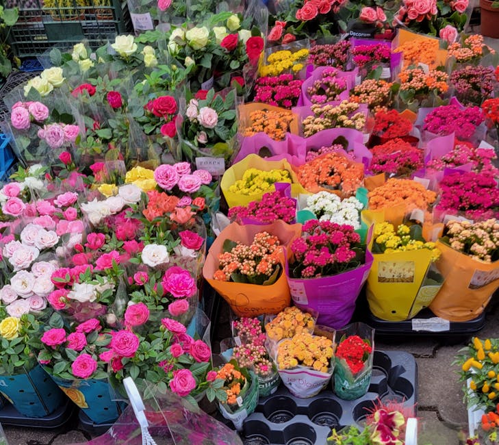 A vibrant display of fresh flowers at a flower market, featuring pink and white roses, as well as an assortment of smaller flowers in bright colors such as orange, yellow, purple, and red. The flowers
