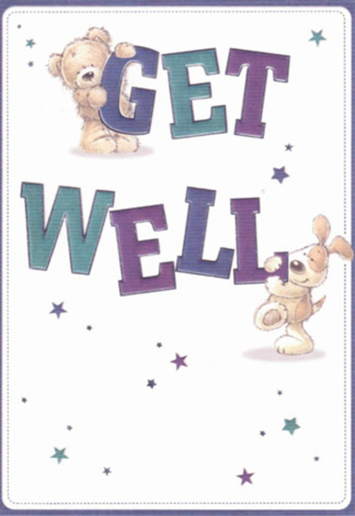This get well card, crafted with the heartwarming spirit of Hornchurch, serves as a gentle celebration of encouragement. At the center, a friendly illustrated bear and a charming puppy seem to spring from the page-radiating positivity that reminds me of fresh floral displays set out along North Street. Dancing above and around them, playful starbursts send wishes of hope skyward, much like the joyful energy that fills Hornchurch Market on a busy afternoon. The typography, shaded in layers of purple and aqua, is bold and welcoming, offering reassurance with every confident curve. Look closer and you'll almost feel the plush fluff of the bear and the soft velvet of the puppy's ears-textures that evoke the comforts of home and a hand-delivered bouquet. The crisp background brings a sense of clarity and cleanliness, underscoring purity and optimistic beginnings. Imagine sending this card, perhaps alongside a fragrant bouquet from Hornchurch Flowers, to wrap your loved one in a moment of cheer, care, and gentle support-lifting their spirits as only small, heartfelt gestures in our community can.