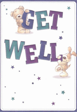 This Hornchurch get well card exudes instant comfort-its playful spirit as tangible as a sunny Saturday morning in St. Andrew's Park. The artwork features a plush teddy bear firmly hugging the top curve of the word 'GET', while below, a lively, floppy-eared puppy nuzzles the bold letters spelling 'WELL'. Their expressive eyes and rounded, caring shapes bring a sense of hope and gentle affection, akin to the embrace of a thoughtfully arranged bouquet delivered by a local florist. Deep purples and teals cascade through the typography, vibrant as a fresh bunch of irises or orchids from Hornchurch's bustling flower stalls. Soft stars, scattered like whispers, add magic to a crisp white background reminiscent of clean linens and new beginnings. Every stroke in this cheerful design is intentional, each texture and shade meant to convey a nurturing presence-like the careful detailing we bring to each arrangement before delivering it across Hornchurch. There's a subtle promise of healing, and an uplifting energy that helps anyone feel cared for in their time of need.